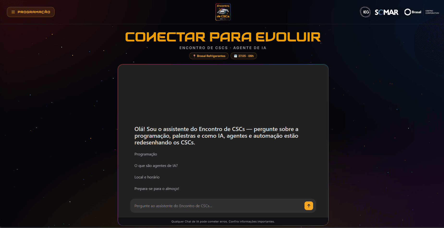Tela inicial real do assistente do Encontro de CSCs, com apresentação, sugestões de perguntas e campo de mensagem.