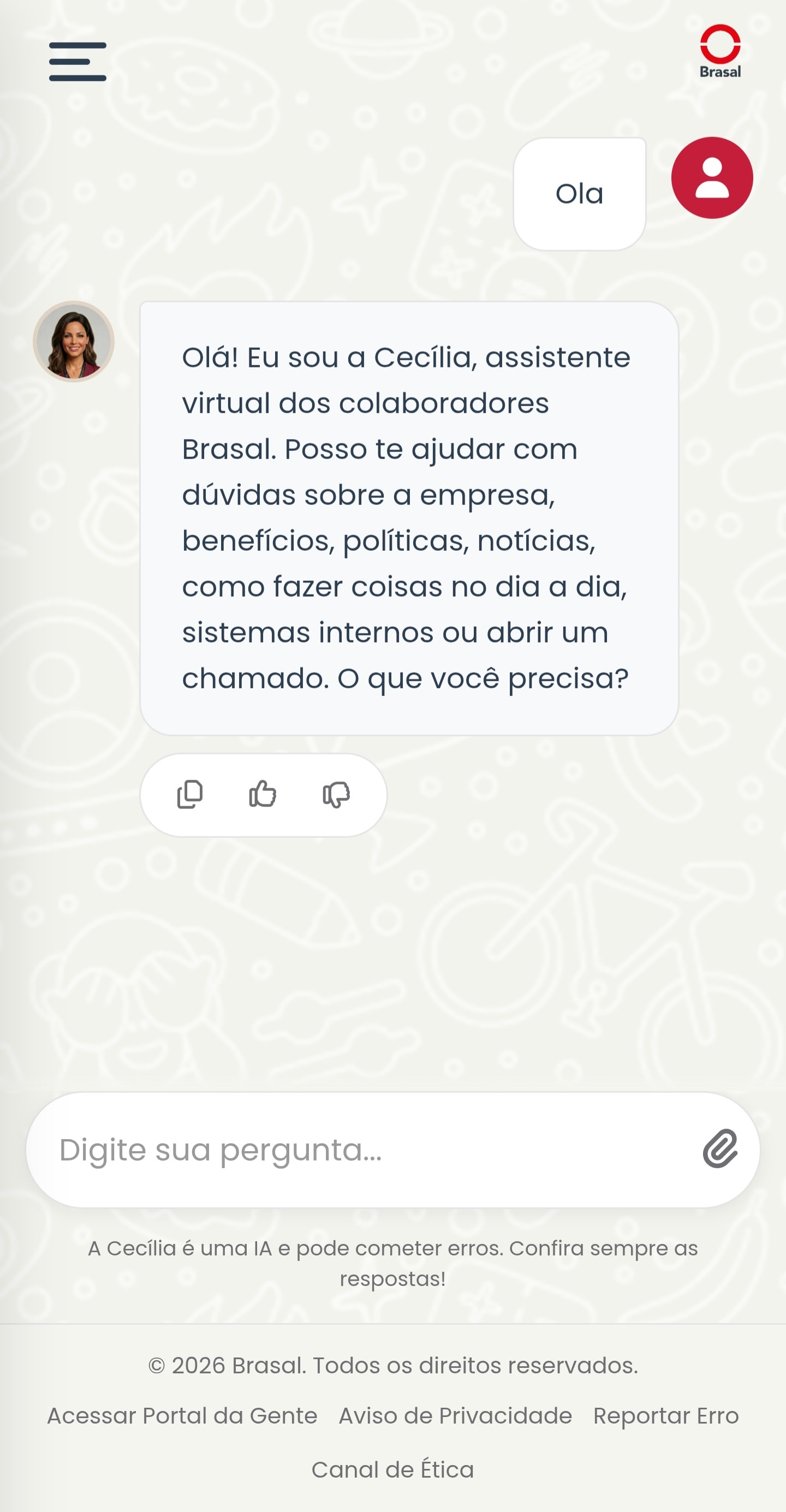 Intranet Brasal no celular, com assistente de IA, campo de pergunta e acesso ao Portal da Gente